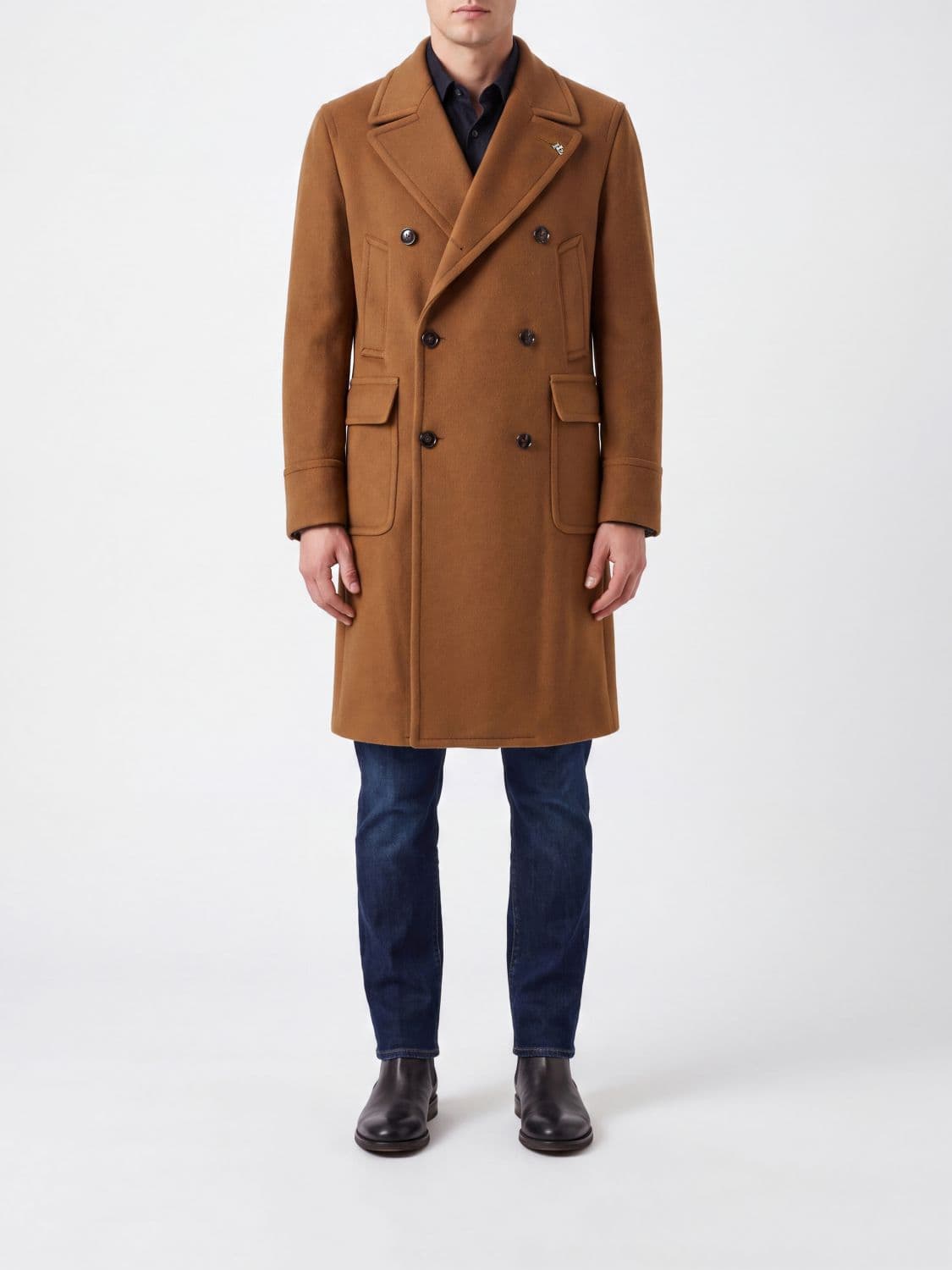 Tagliatore Knee-Length Double-Breasted Coat in Pure Cashmere with Peak Lapels