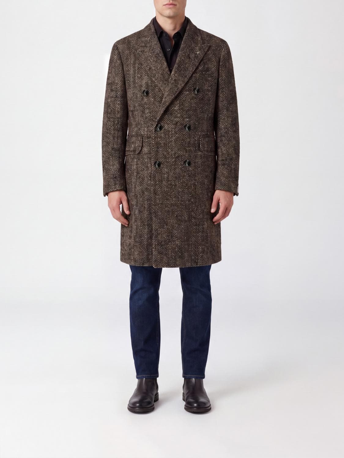 Tagliatore Knee-Length Double-Breasted Coat with Chevron Pattern in Wool Blend