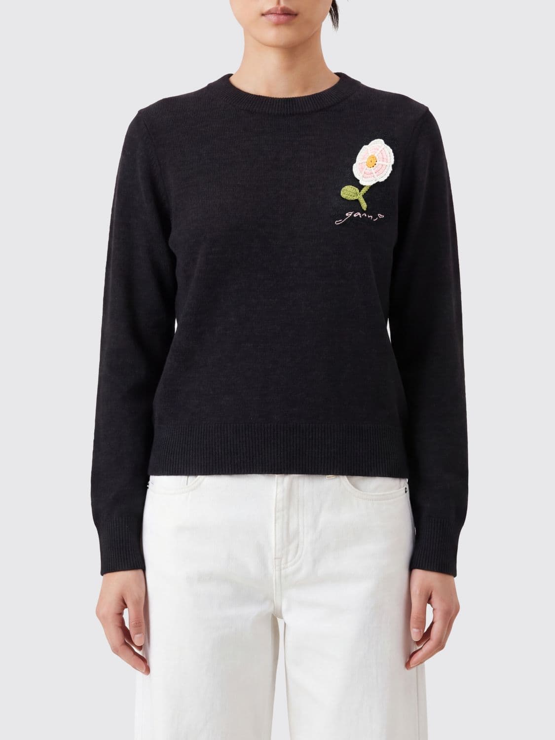 Ganni Crewneck Merino Wool Jumper with Decorative Macramé Lace Inserts
