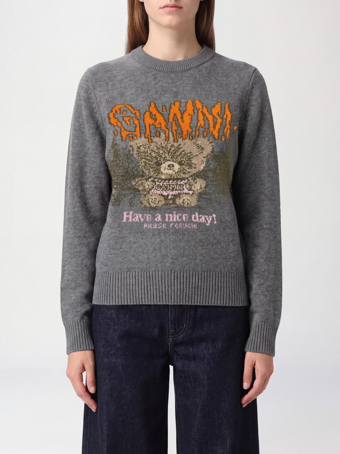 Ganni Merino Wool Blend Crewneck Jumper with All-Over Jacquard Logo