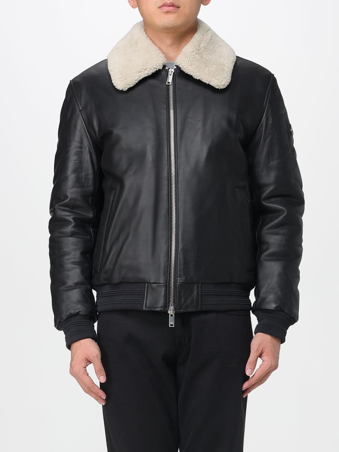 Moose Knuckles Lamb Leather Bomber Jacket with Shearling Collar