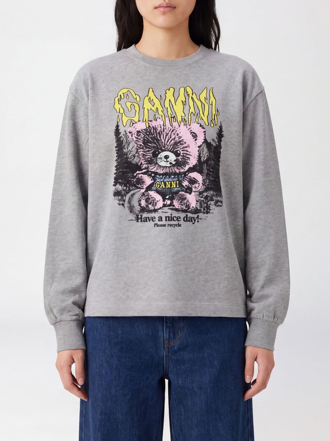 Ganni Long-Sleeved T-Shirt in Cotton with a Graffiti-Style Teddy Bear Print