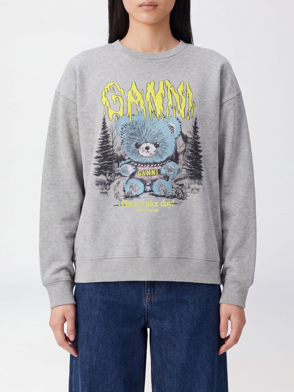 Ganni Crewneck Sweatshirt in Cotton with a Graffiti-Style Teddy Bear Print