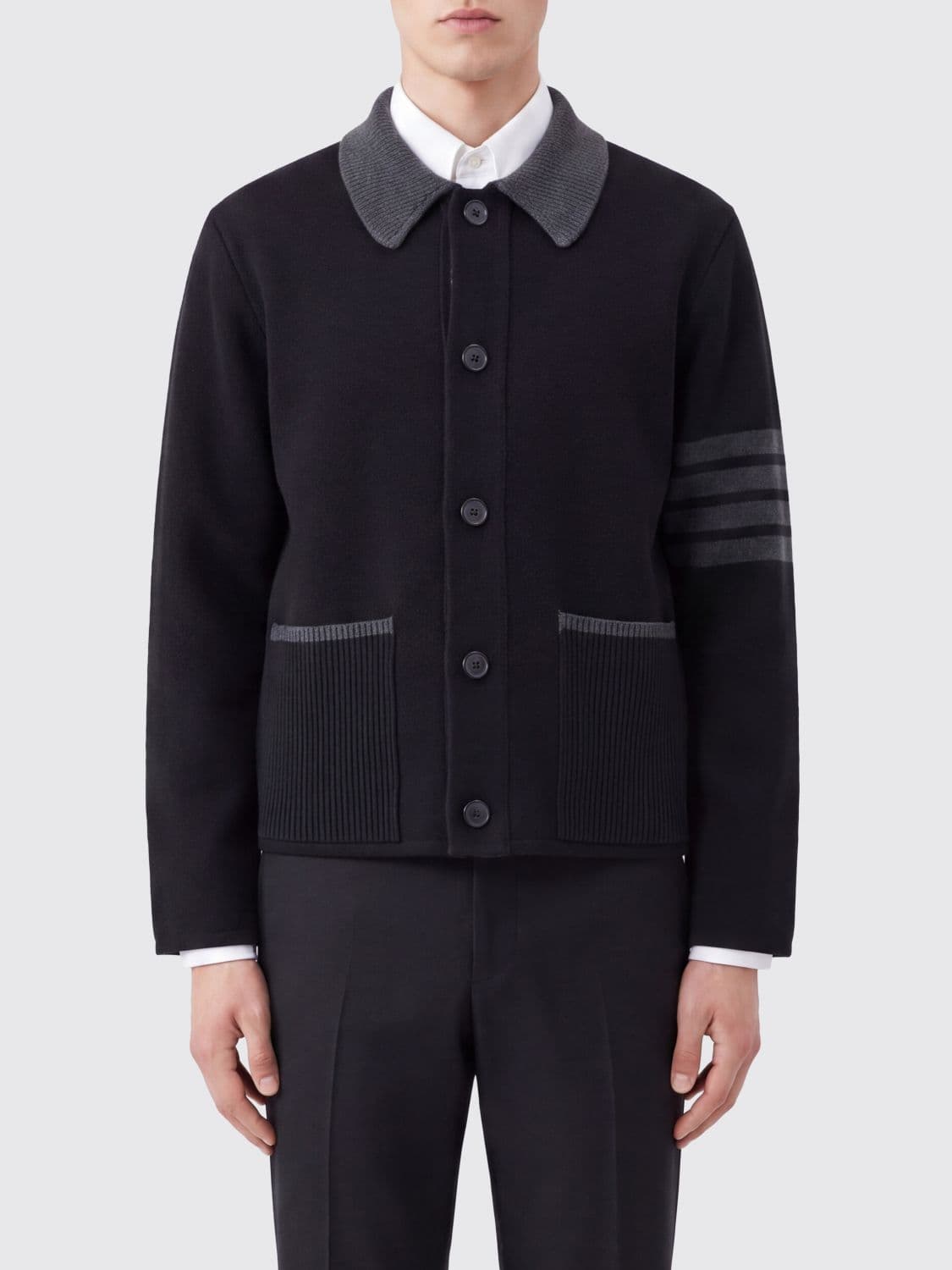Thom Browne 4-Bar Stripe Classic Collar Wool Cardigan