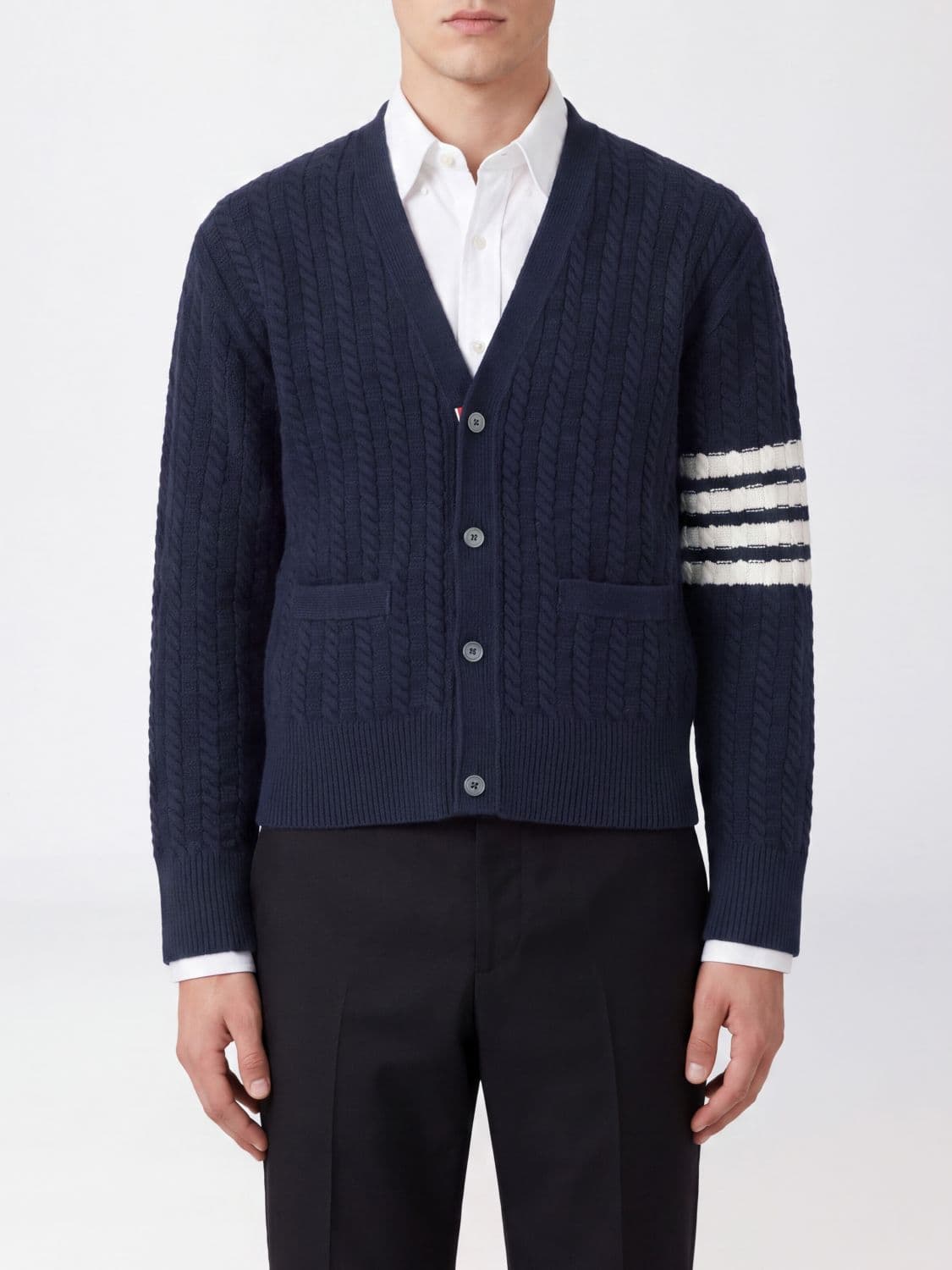 Thom Browne 4-Bar Stripe V-Neck Slim Fit Wool Tricot Cardigan