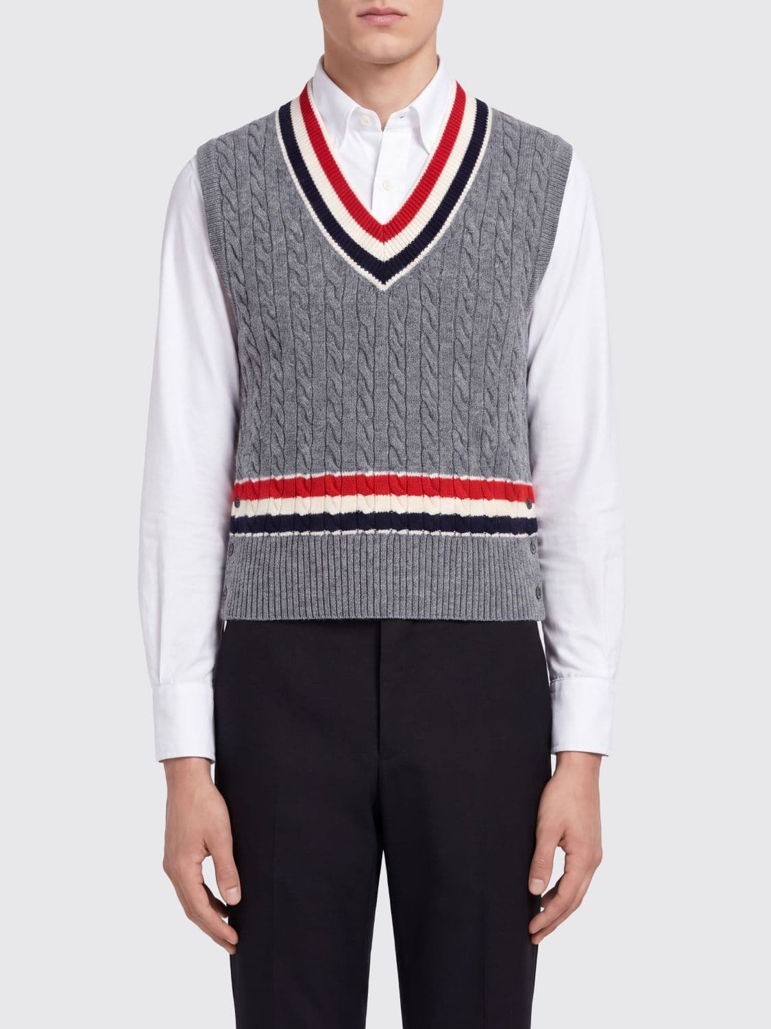 Thom Browne Striped V-Neck Merino Wool Knit Vest with Signature Flag
