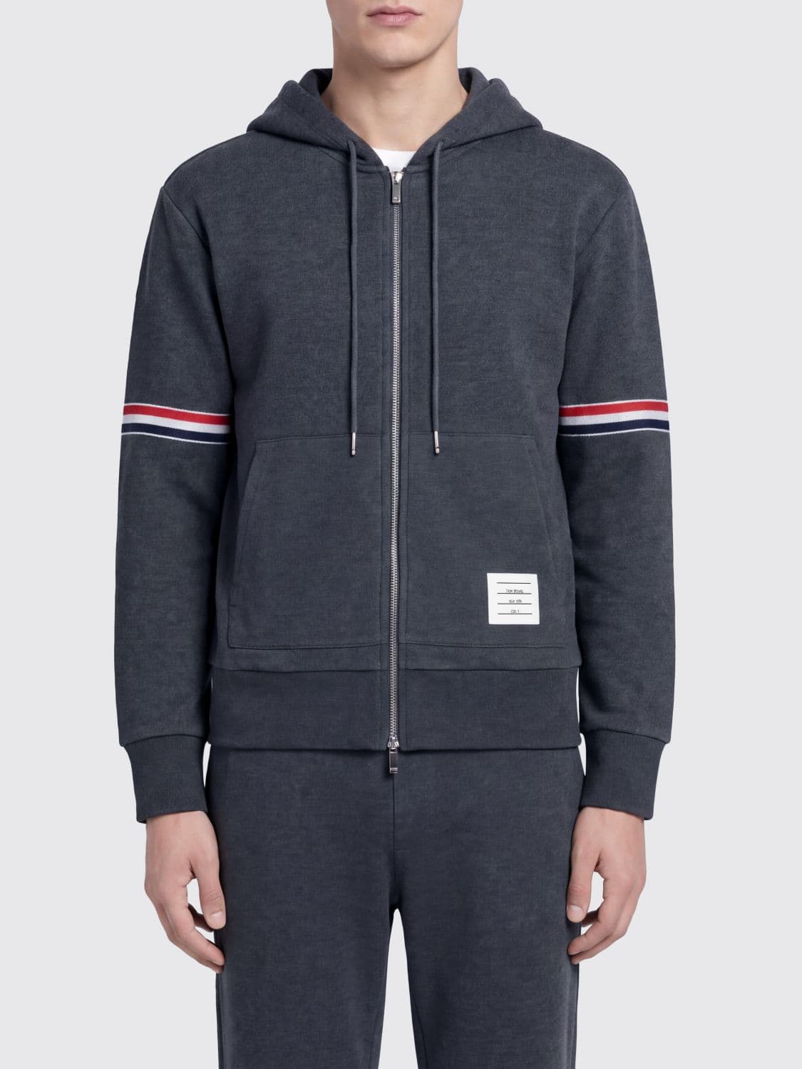 Thom Browne Zip-Up Cotton Hoodie with Drawstring and Flag Detail