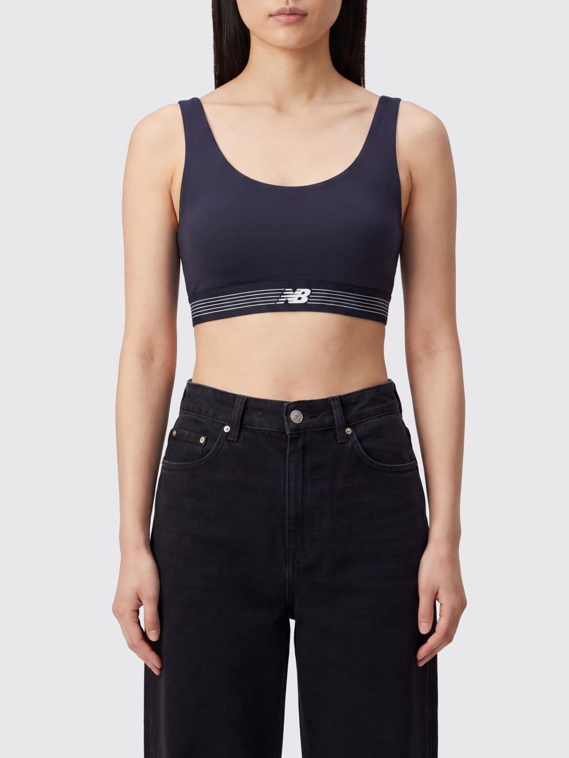 New Balance Cropped Sports Bra Top in Stretch Technical Fabric with Logo
