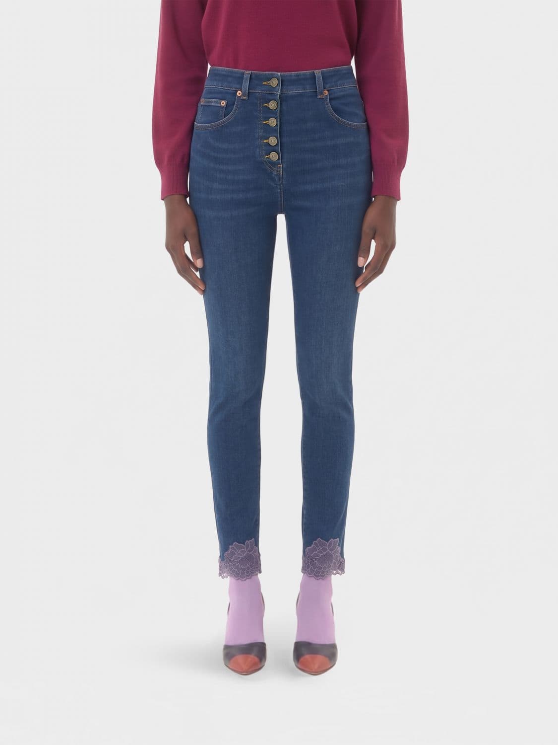 Valentino Garavani High-Waisted Skinny Jeans with Lace Inserts