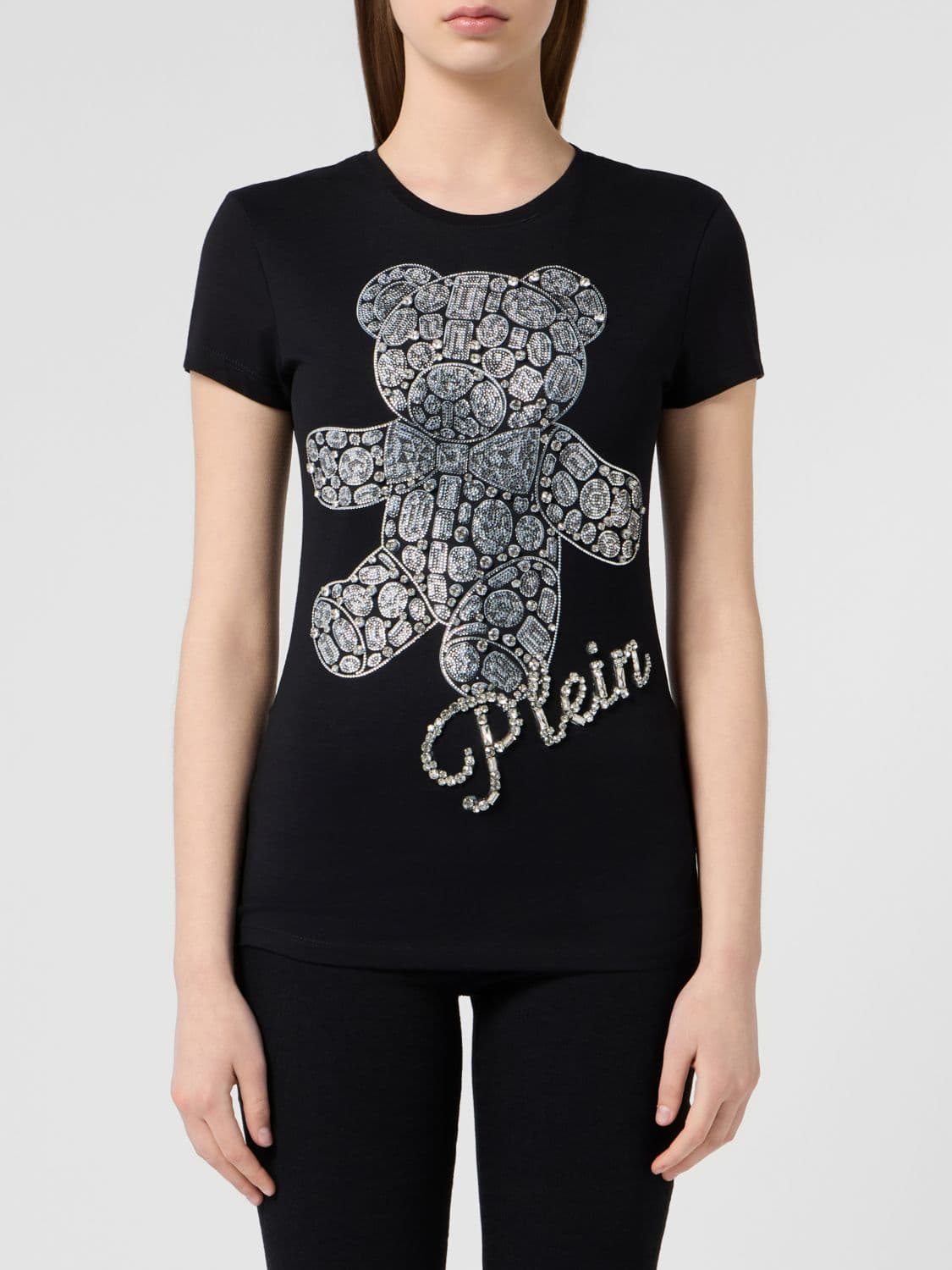 Philipp Plein Slim Fit T-Shirt in Cotton with Rhinestone Teddy Bear Logo