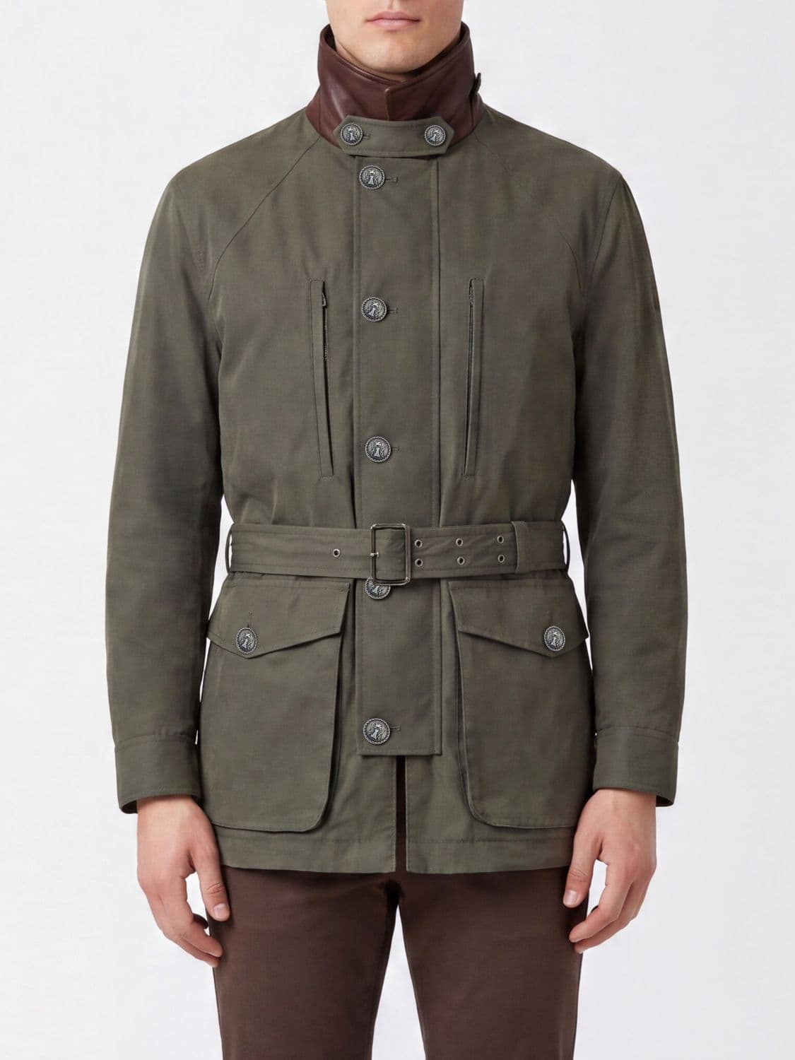 Brunello Cucinelli Lightweight Jacket in a Cotton Blend with a Leather High Collar