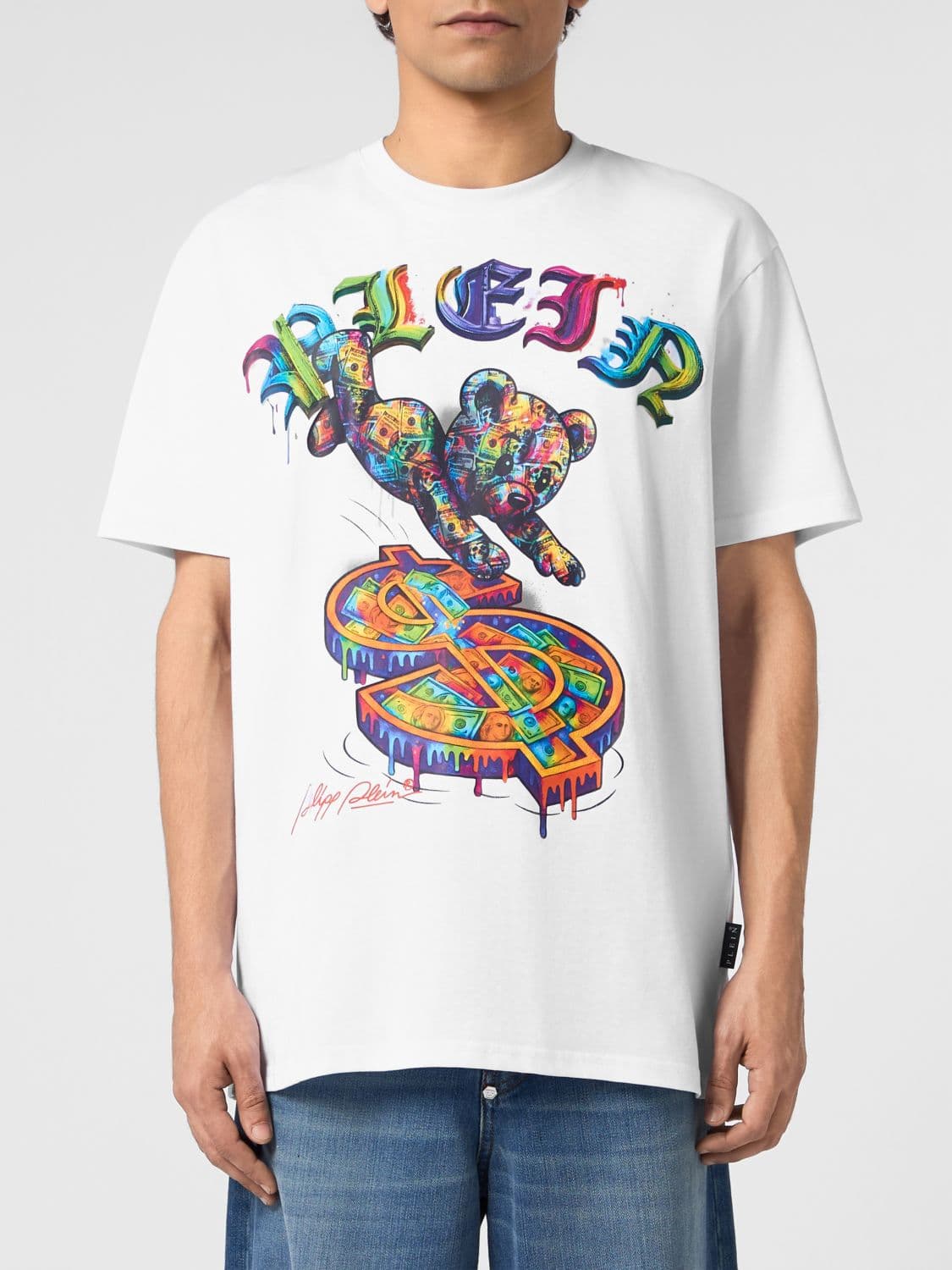 Philipp Plein Cotton T-shirt with Teddy Bear Print and Multicolor Logo