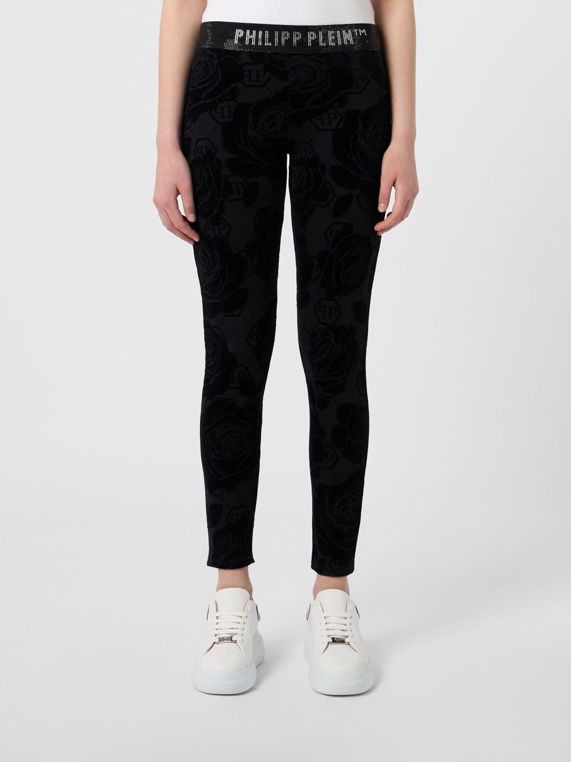 Philipp Plein Skinny Leggings with Floral Embroidery and Rhinestone Details