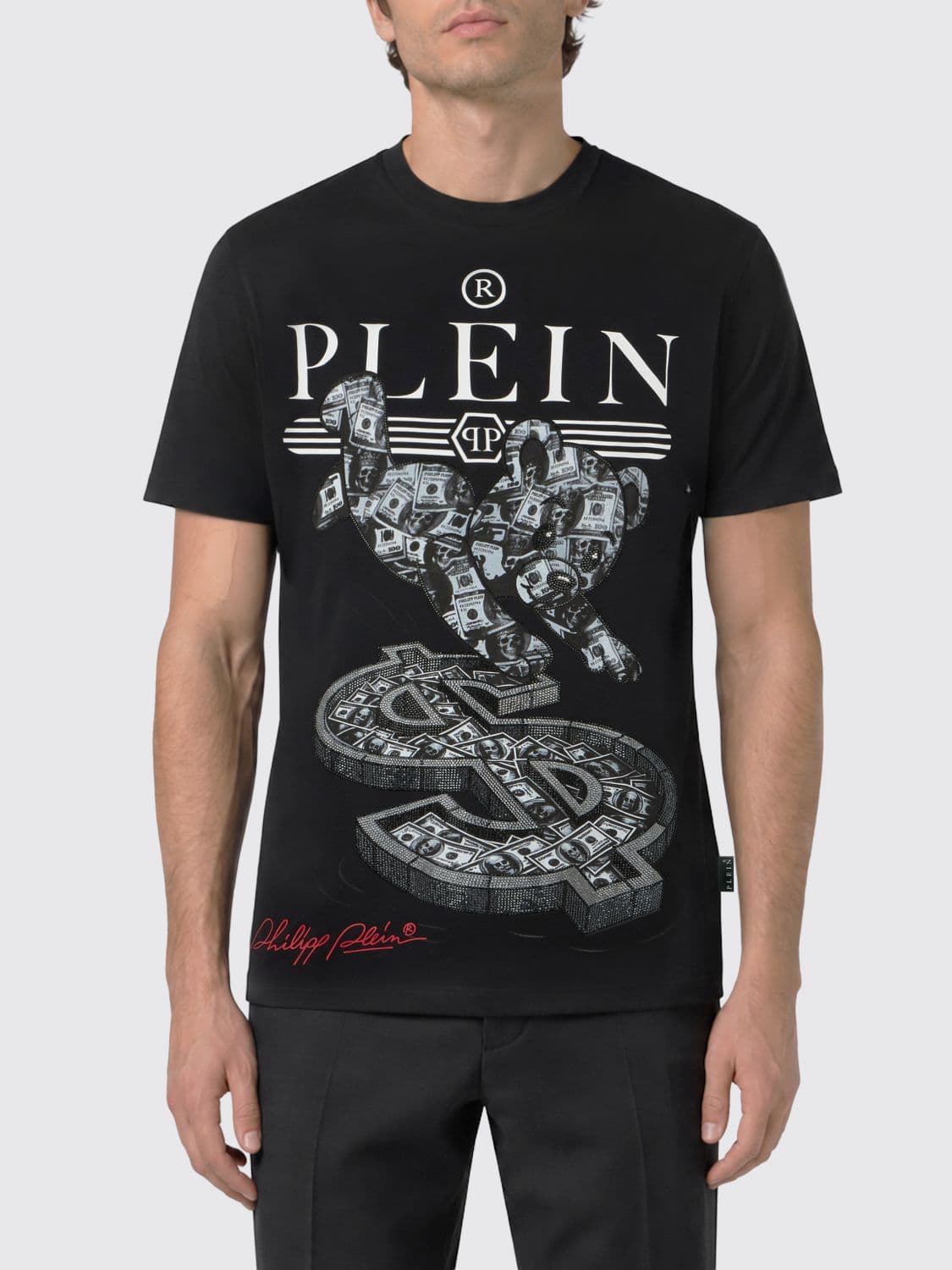 Philipp Plein Slim Fit Cotton T-shirt with Teddy Bear Print and Rhinestones