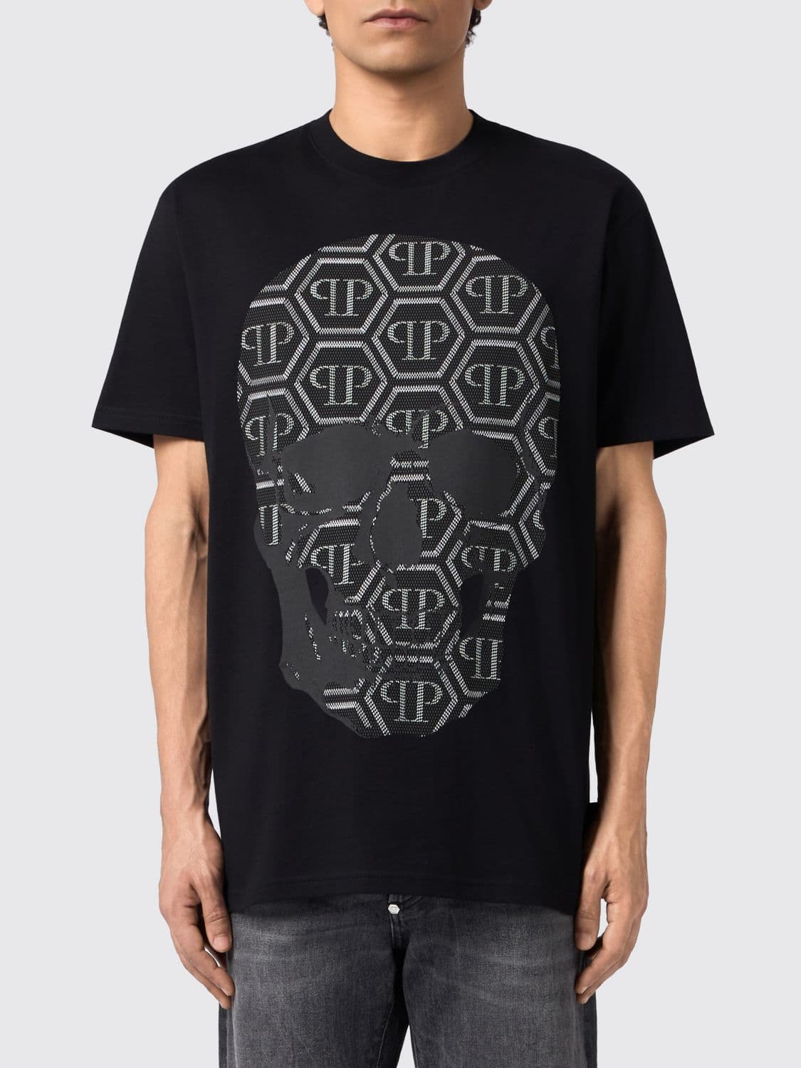 Philipp Plein Relaxed Fit Cotton T-shirt with Skull Print and Rhinestones