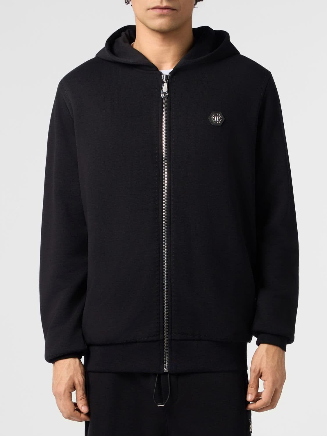 Philipp Plein Zipped Cotton Hoodie with Hexagon Logo Patch