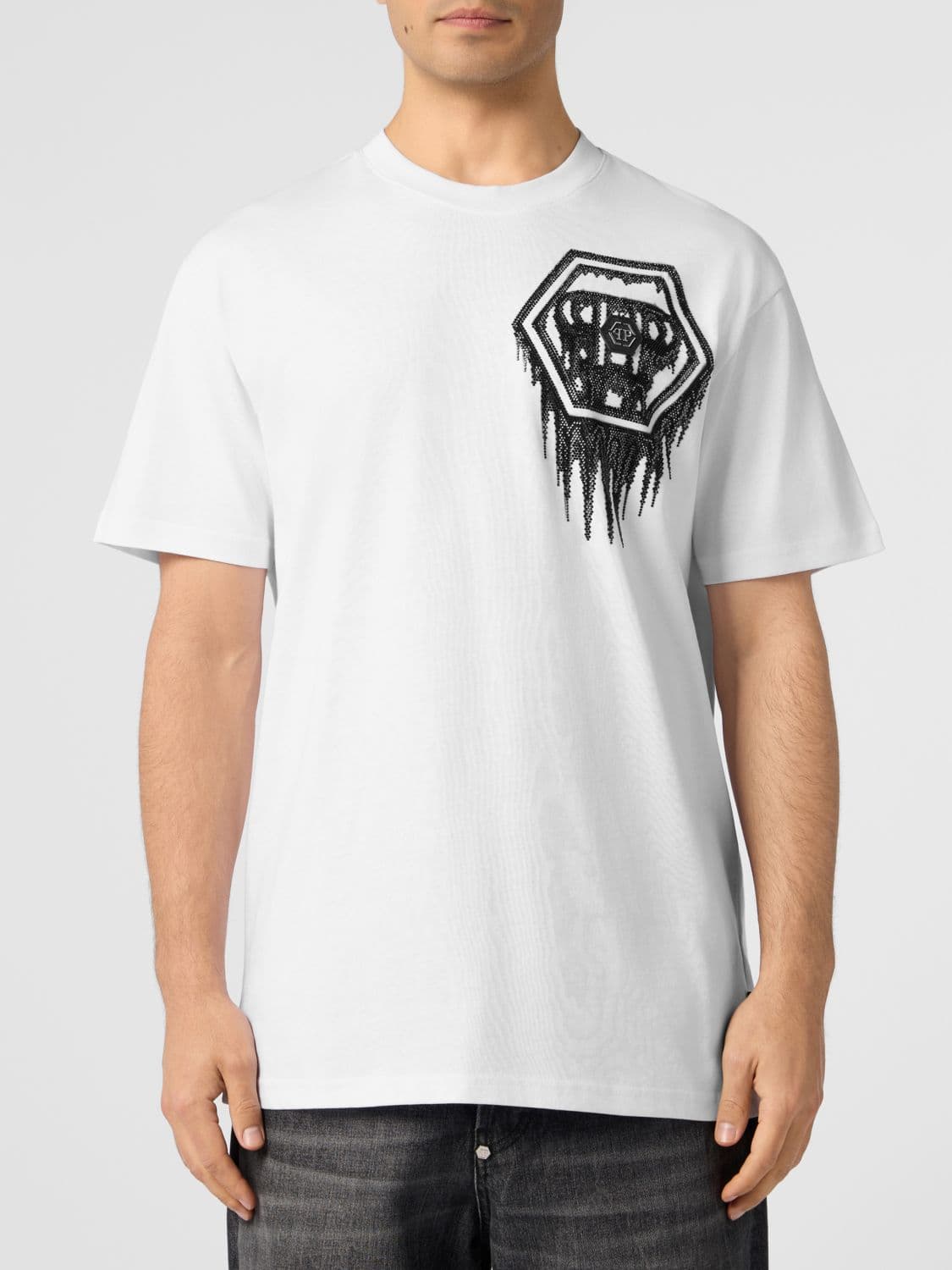 Philipp Plein Cotton T-shirt with Rhinestone-Embellished Embroidered Hexagon Logo