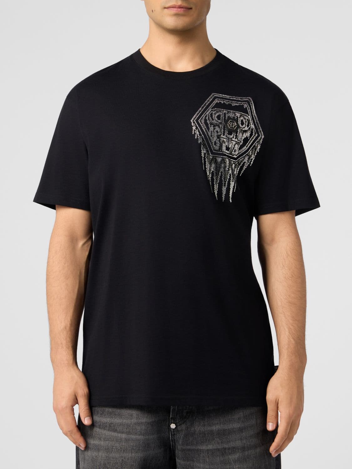 Philipp Plein Cotton T-shirt with Rhinestone-Embellished Embroidered Hexagon Logo