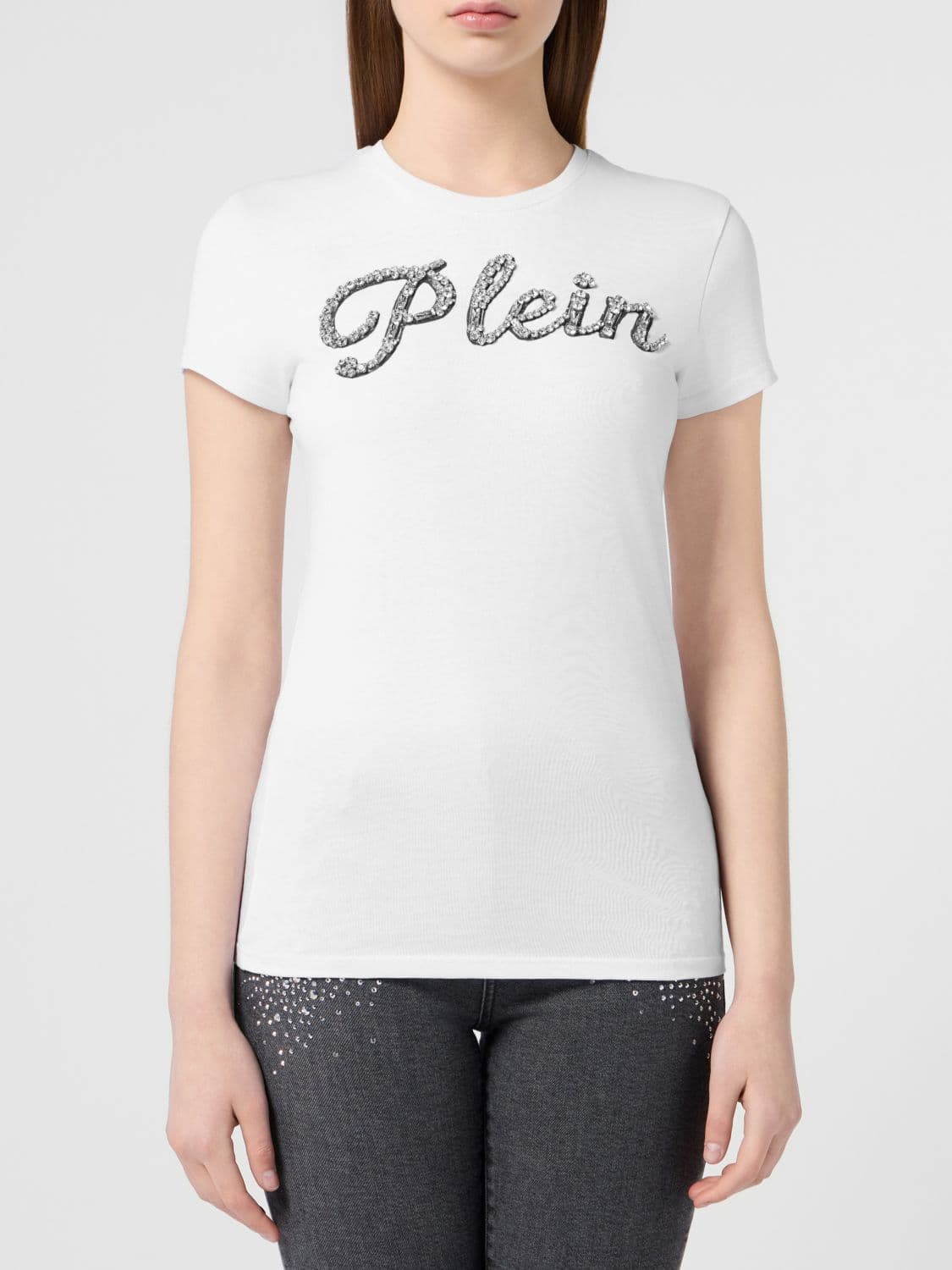 Philipp Plein Slim Fit T-Shirt in Cotton with an Embroidered Rhinestone Logo