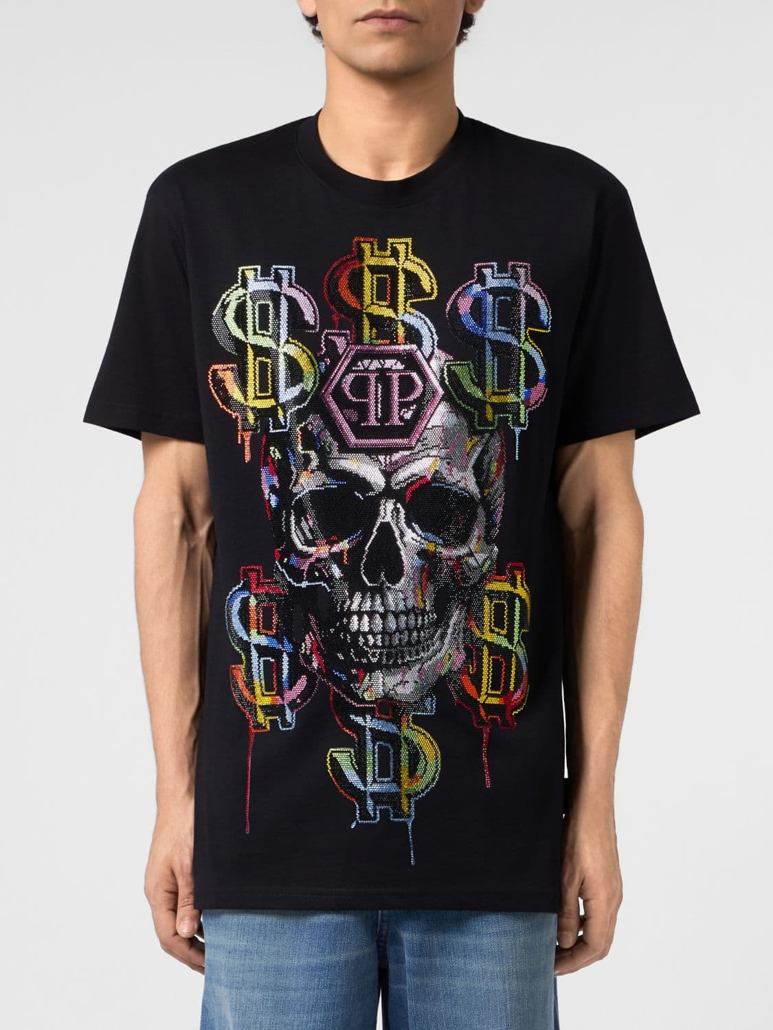 Philipp Plein Cotton T-shirt with Rhinestone-Embellished Skull and Logo Print