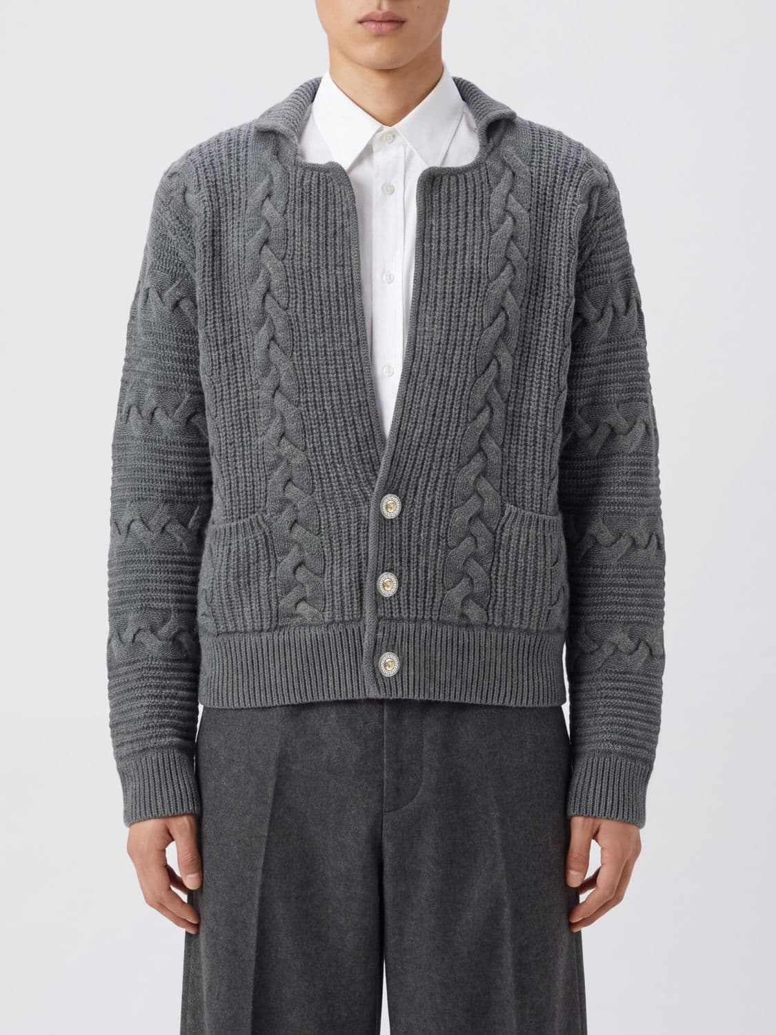 Versace Merino Wool V-Neck Cardigan with Front Patch Pockets