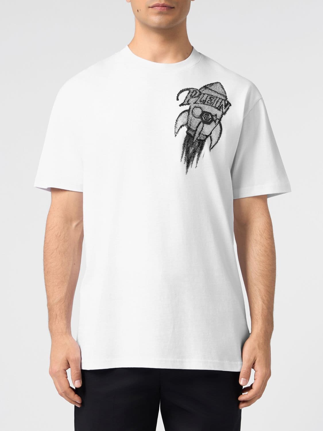 Philipp Plein Crew-Neck Cotton T-Shirt with Graphic Print and Rhinestones