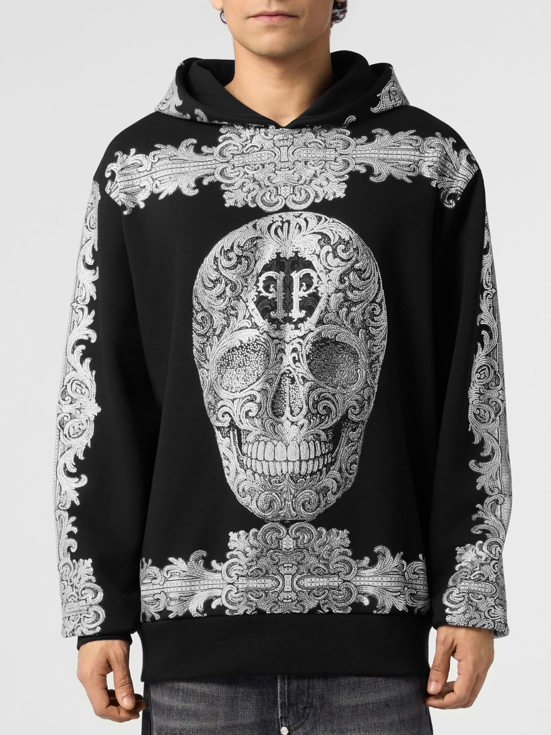 Philipp Plein Jersey Hoodie with Baroque Skull Print and Rhinestones