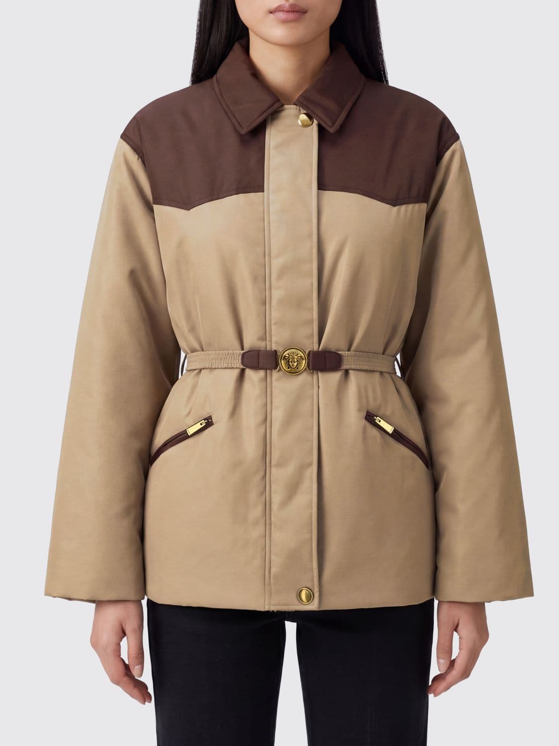 Versace Bicolor Padded Nylon Shirt Jacket with Medusa Belt · 42