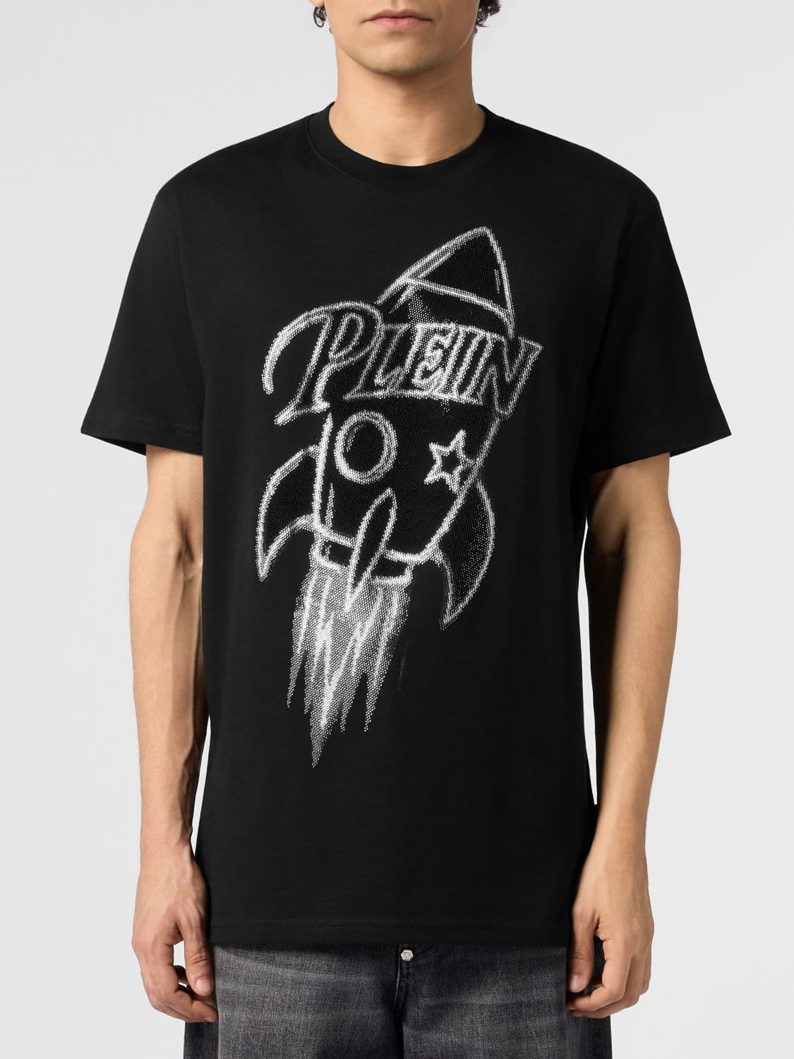 Philipp Plein Embroidered Graphic Print Cotton T-Shirt with Rhinestones