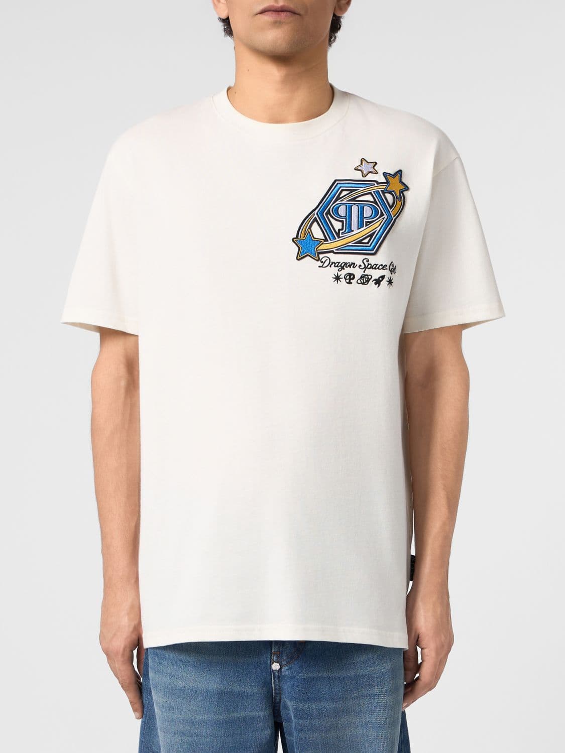 Philipp Plein Cotton T-Shirt with Contrasting Hexagon Logo Print