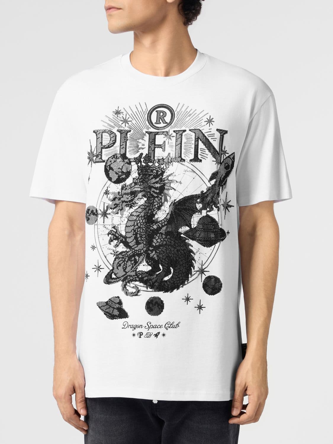 Philipp Plein Crew Neck Cotton T-Shirt with Embroidered Graphic and Rhinestones