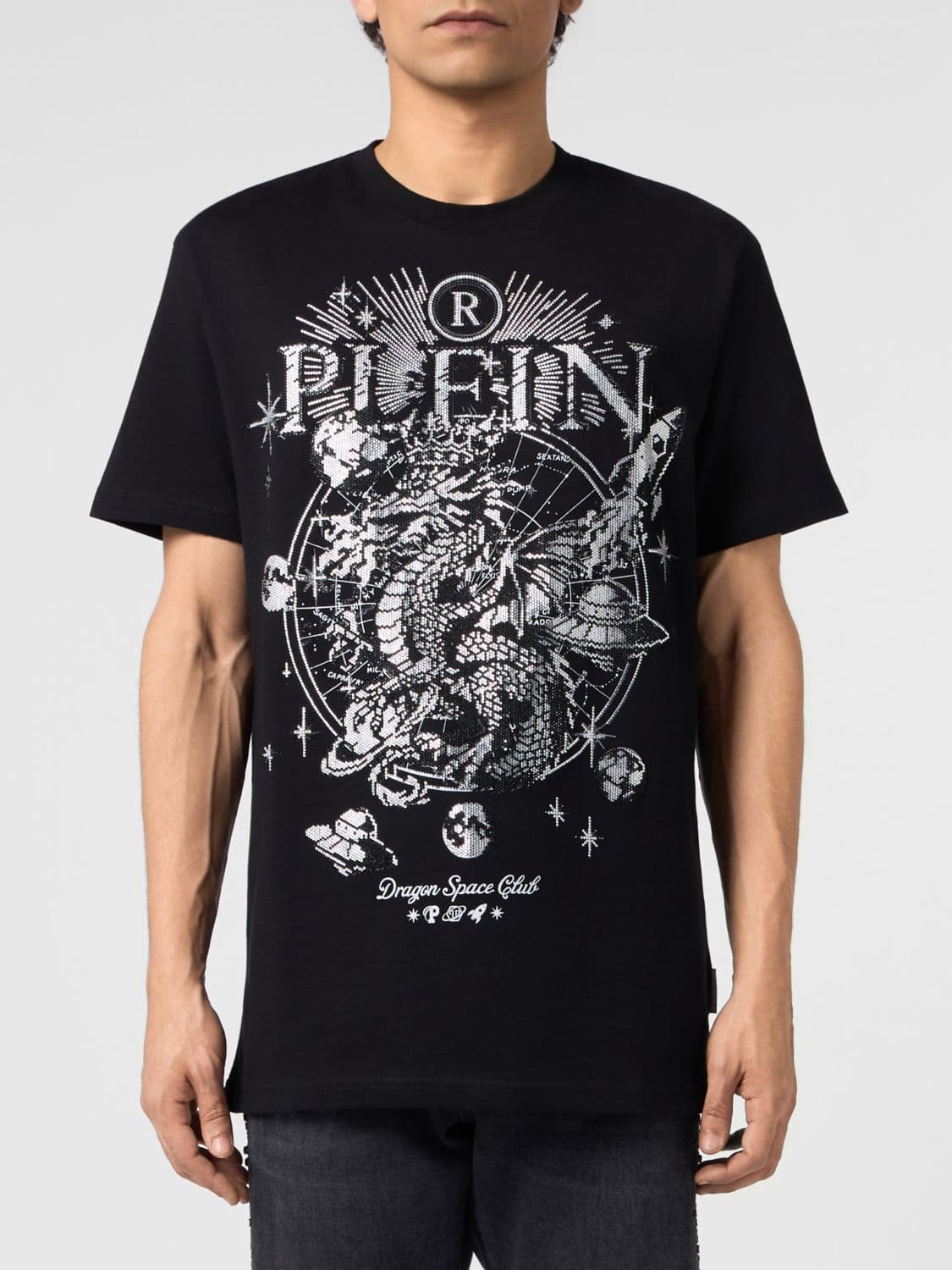 Philipp Plein Crew Neck Cotton T-Shirt with Embroidered Graphic and Rhinestones