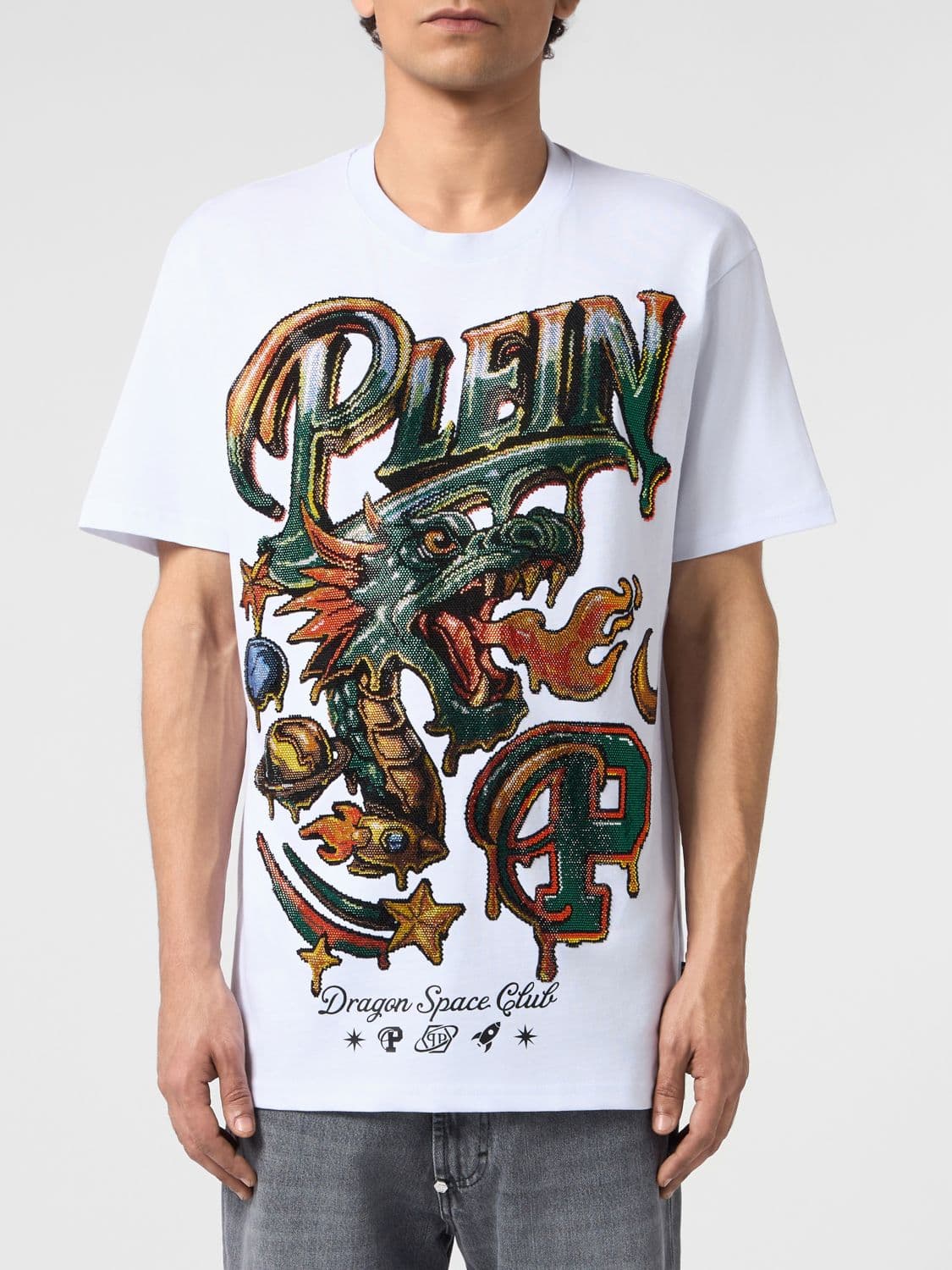 Philipp Plein White Cotton T-Shirt with Graphic Print and Rhinestones
