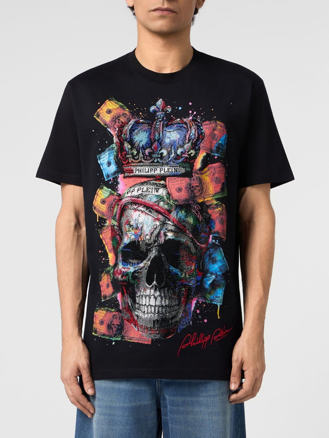 Philipp Plein Cotton T-Shirt with Embroidered Skull Print and Rhinestones