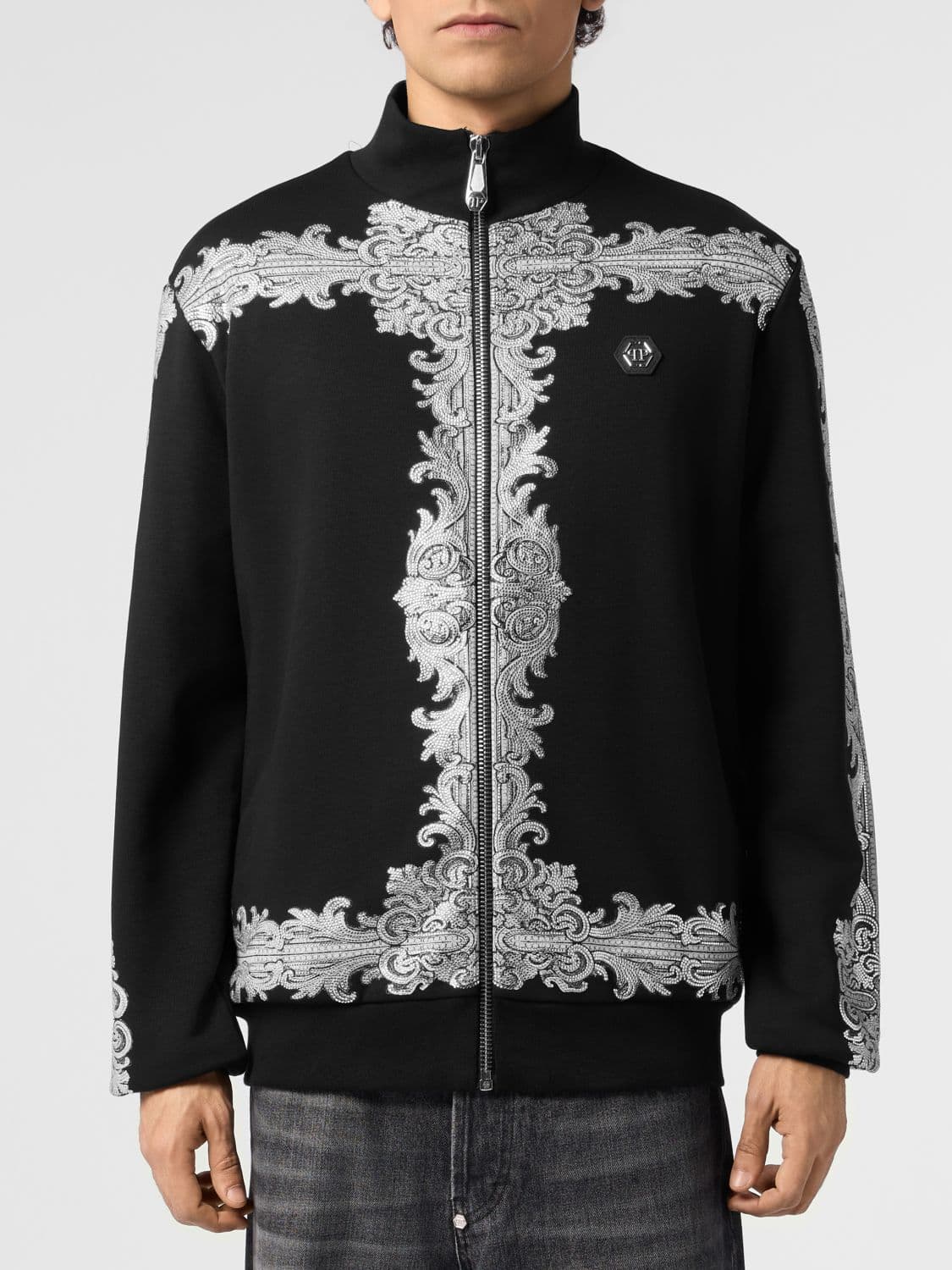 Philipp Plein Baroque Stones Zip-Up Sweatshirt with Baroque Print and High Neck