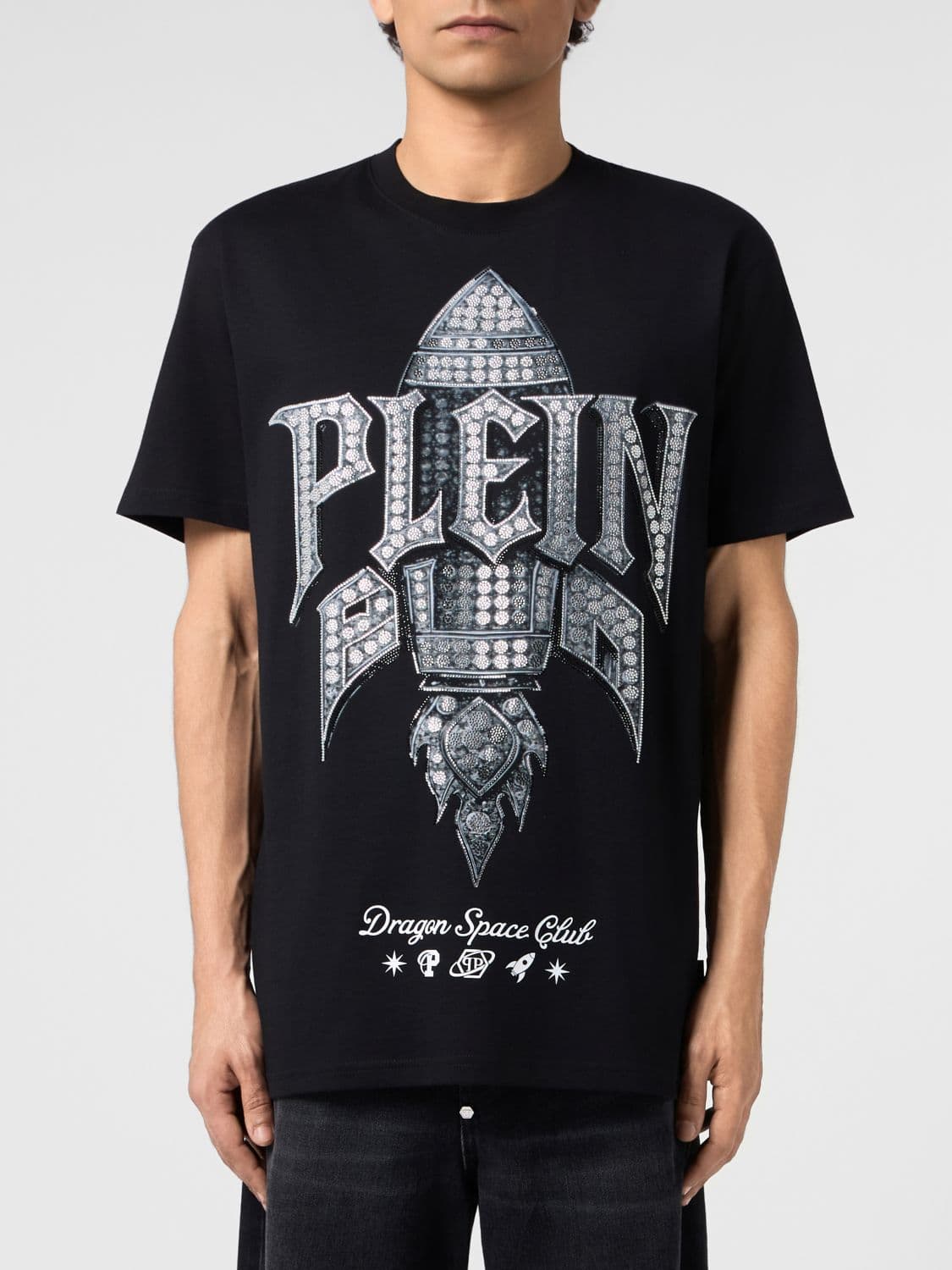 Philipp Plein Cotton T-Shirt with Embroidered Graphic Logo and Rhinestones