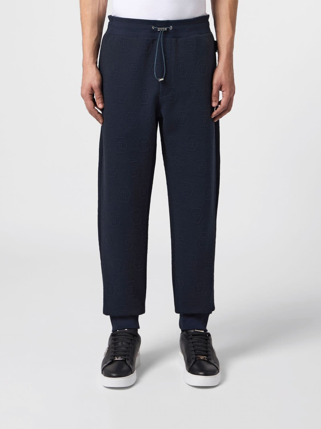 Philipp Plein Jersey Jogging Trousers with Drawstring and Jacquard Hexagon Logo