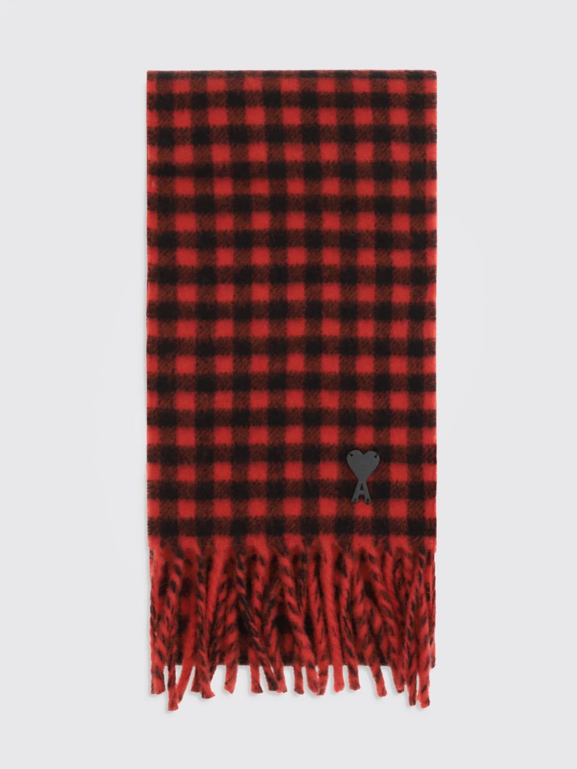 Ami Paris Check Merino Wool Scarf with Logo and Fringes · OS