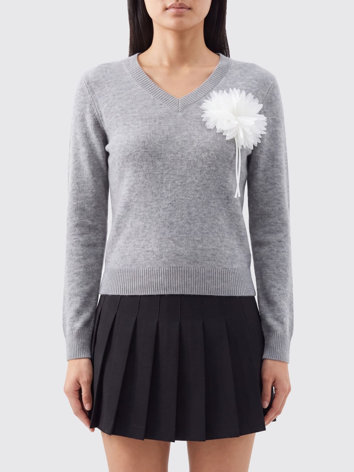 Self-Portrait V-Neck Merino Wool Blend Jumper with Embroidered Flower
