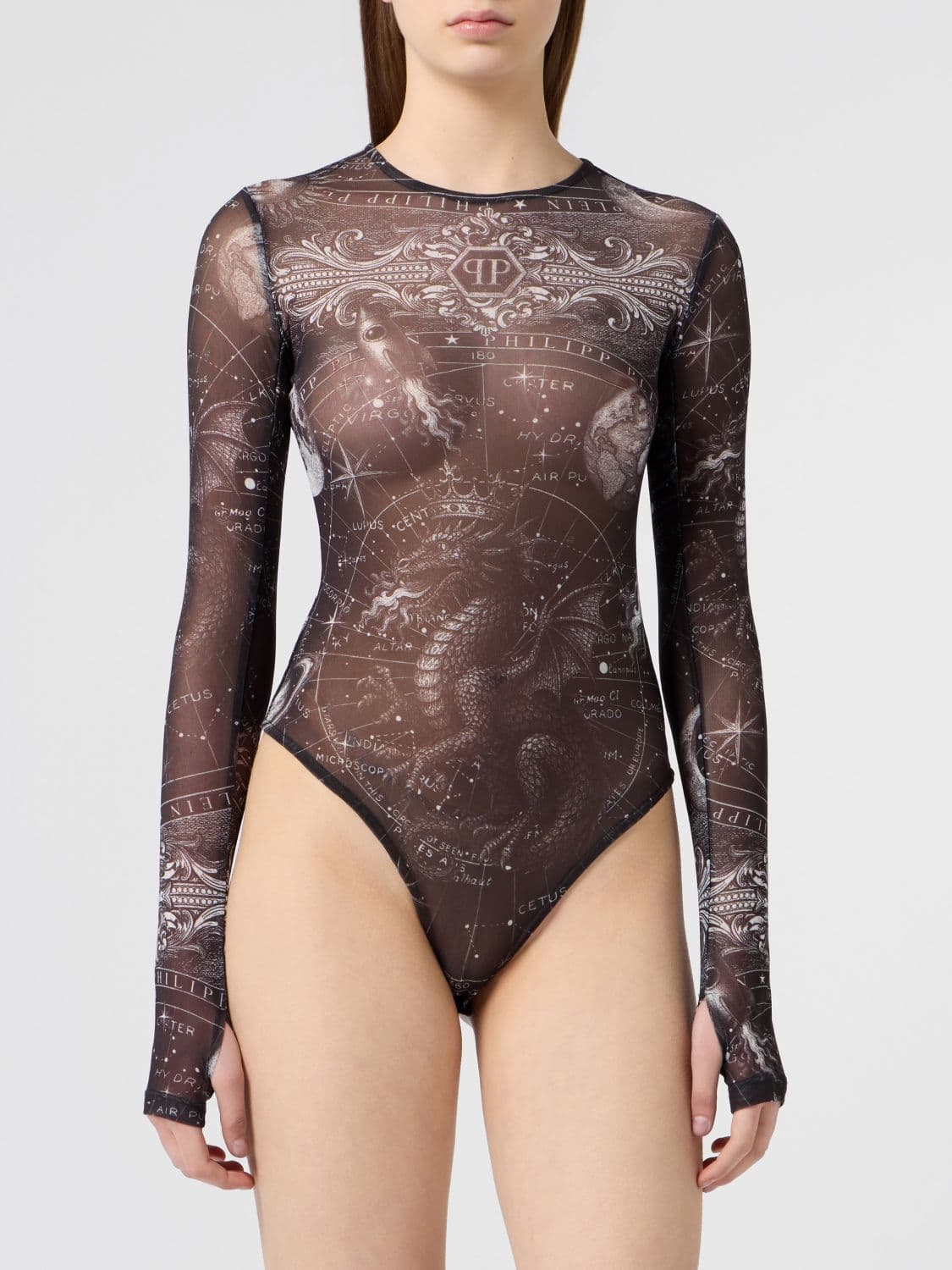 Philipp Plein Slim Fit Long-Sleeved Graphic Print Jersey Bodysuit