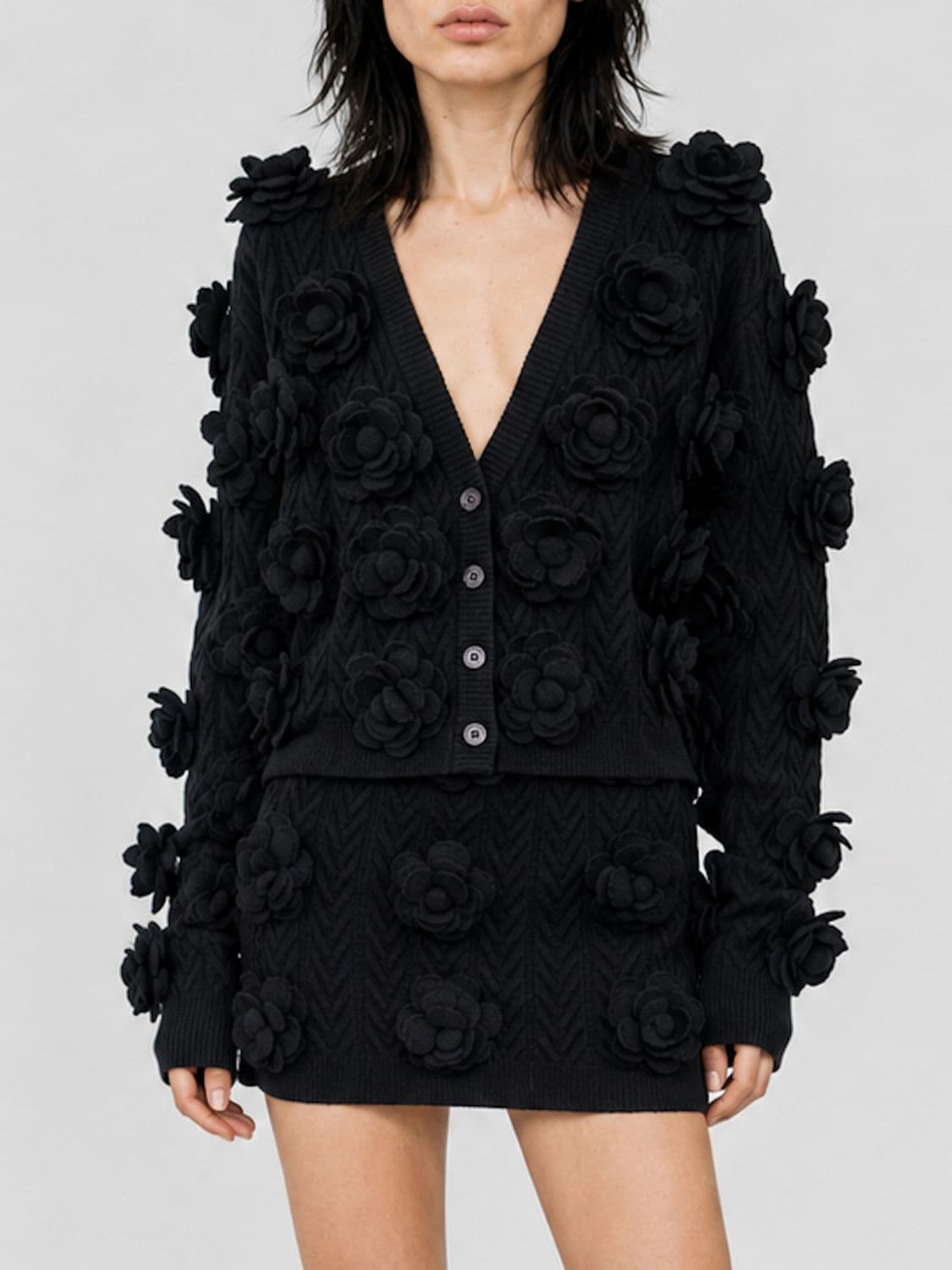 Philipp Plein Wool Blend V-Neck Cardigan with Flower Appliqué