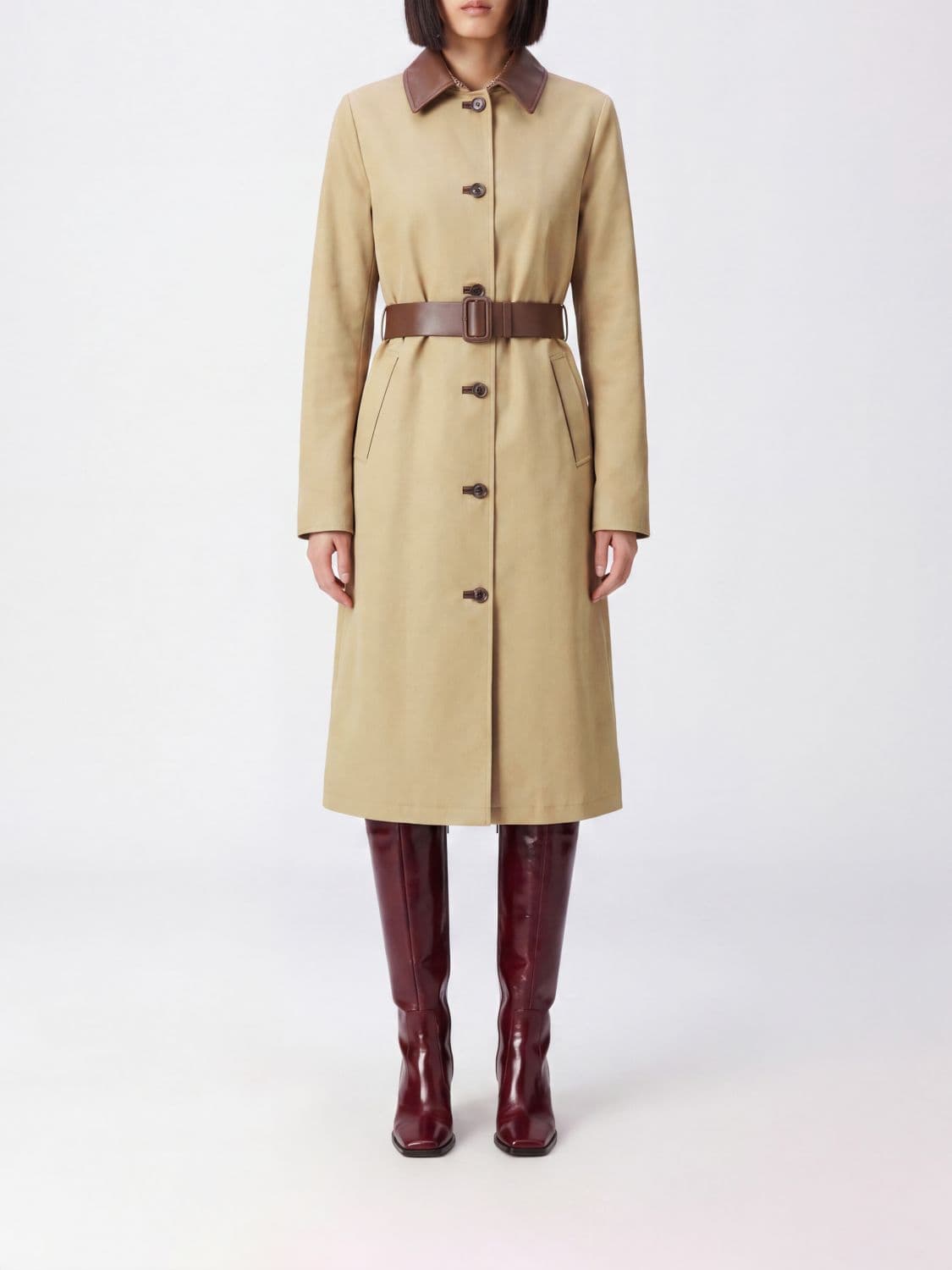 Jacob Cohen Long Single-Breasted Cotton Coat with Leather Collar and Belt
