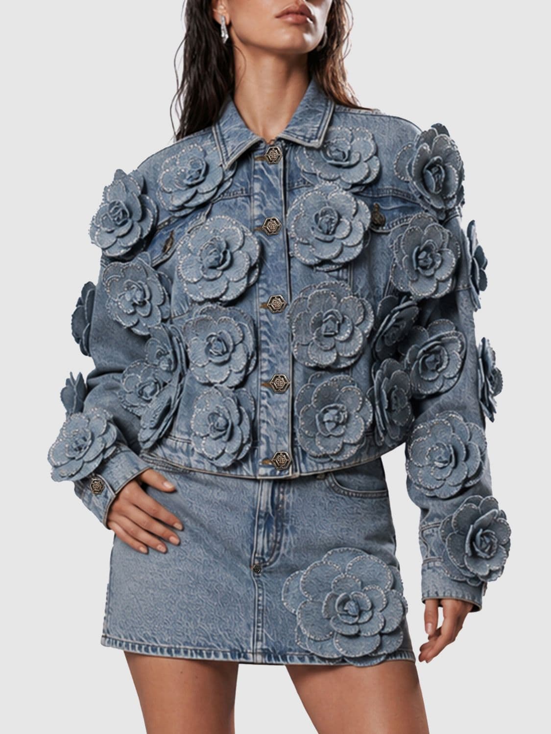 Philipp Plein Cropped Slim Fit Denim Jacket with Floral Embroidery
