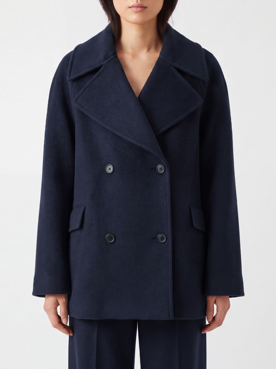 Loulou De Saison Short Double-Breasted Wool and Cashmere Coat with Dropped Shoulders