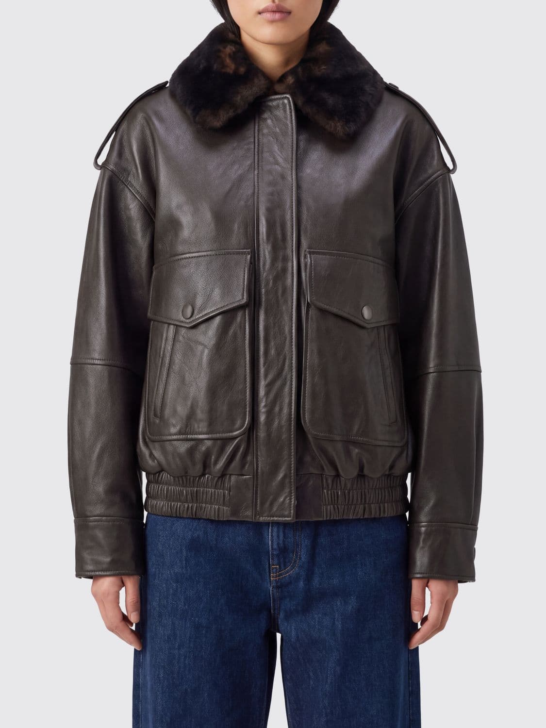 Loulou De Saison Short Calf Leather Jacket with Fur Collar and Epaulettes · 36