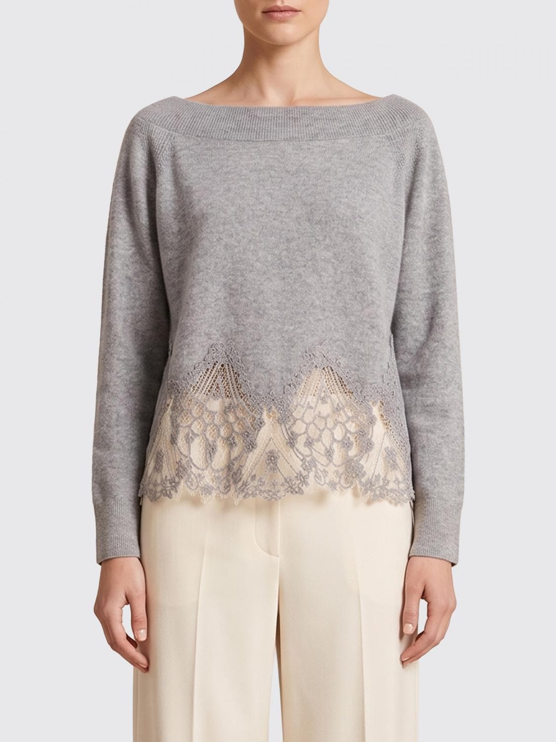 Ermanno Scervino Pure Cashmere Crewneck Jumper with Embroidered Lace Inserts