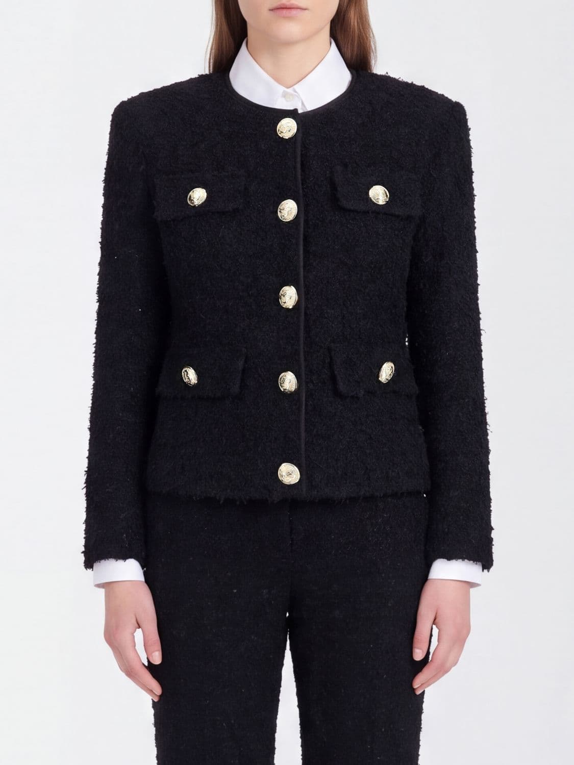 Balmain Slim Fit Cropped Viscose Blend Blazer with Padded Shoulders