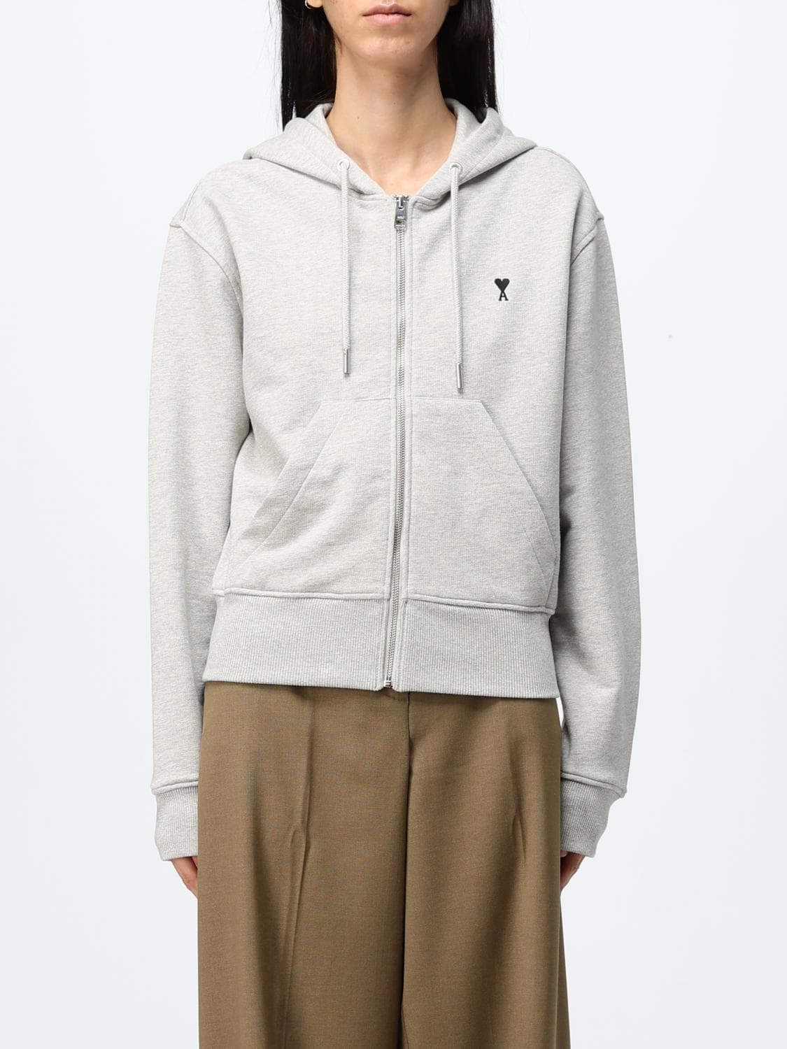 Ami Paris Hooded Zip-Up Cotton Sweatshirt with Embroidered Logo
