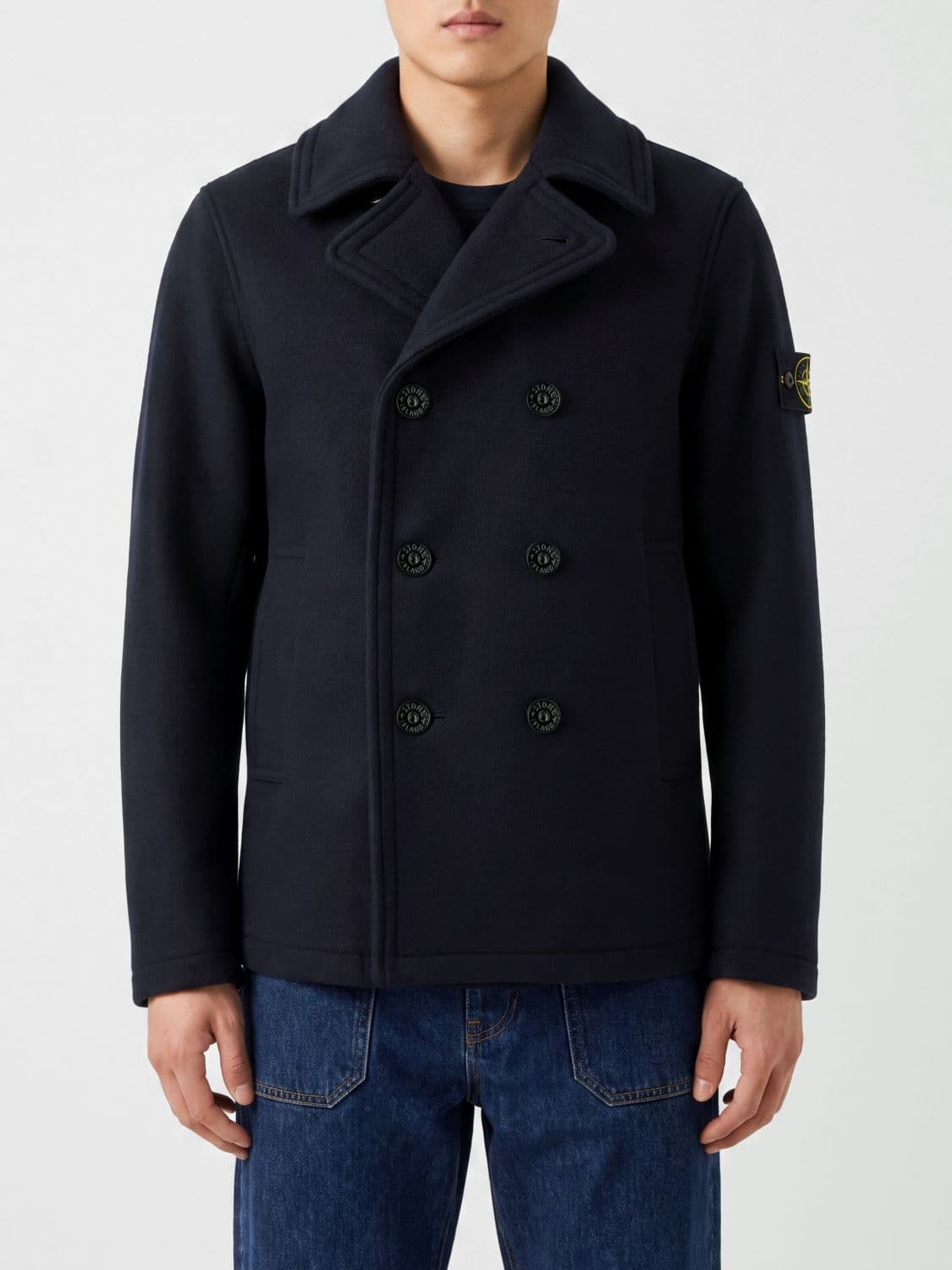 Stone Island Double-Breasted Wool Peacoat with Compass Logo Patch