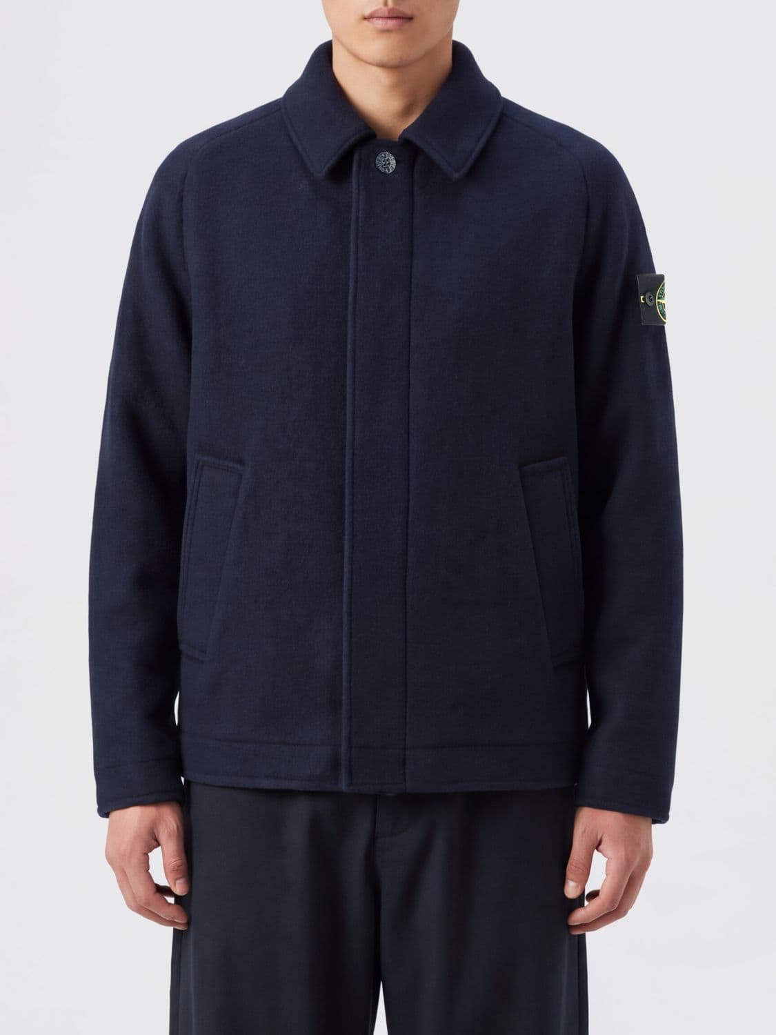 Stone Island Single-Breasted Short Coat in Wool Cloth with Concealed Fastening